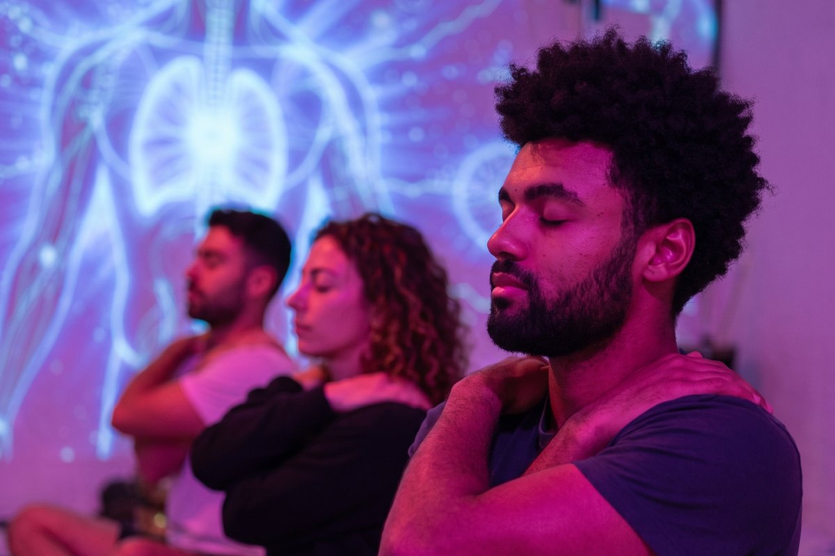Stress Release class doing fascial maneuvers in the Sound of Soma studio