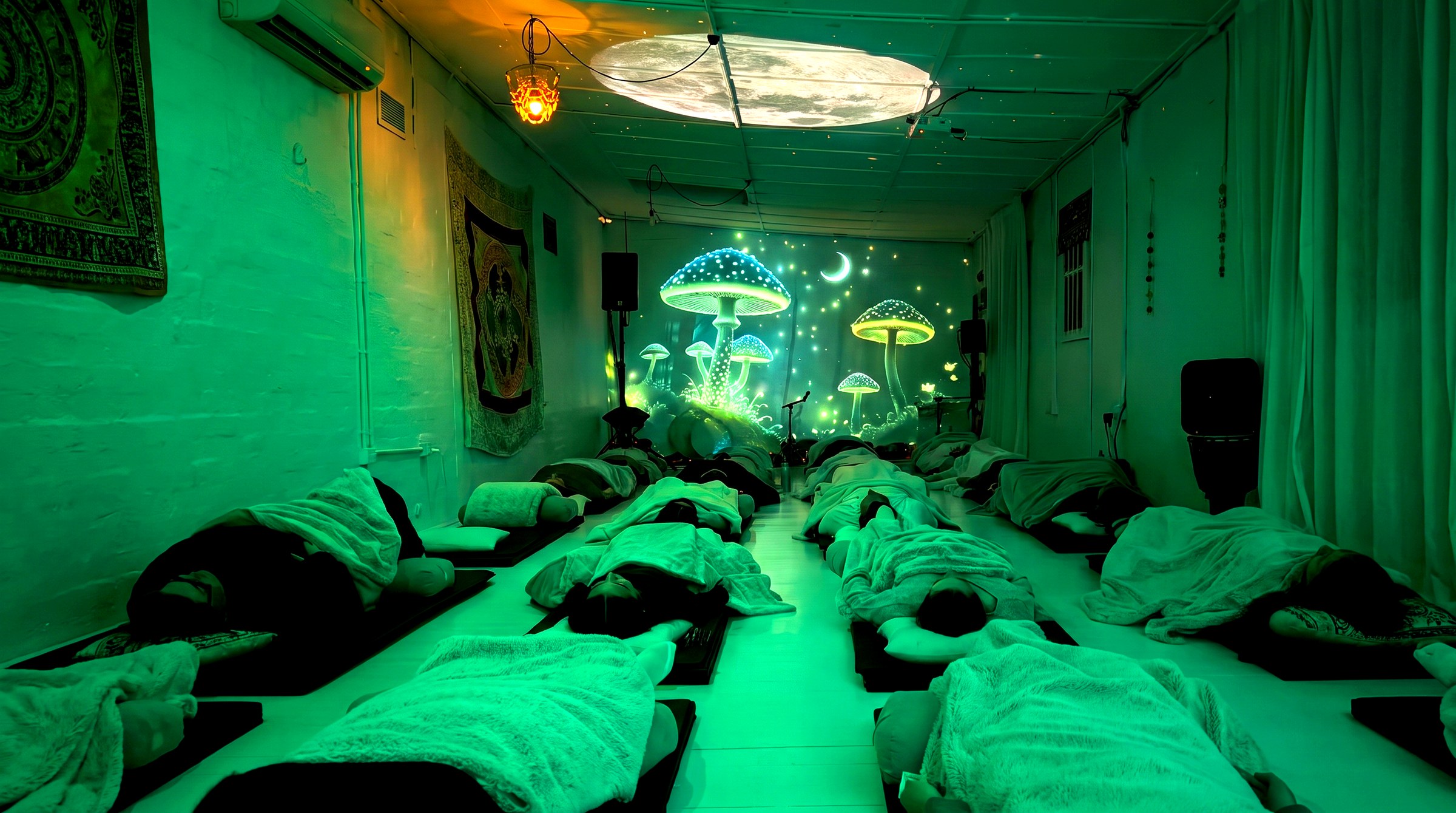 A full sound bath class lying under blankets at Sound of Soma sound healing studio in Windsor, Melbourne