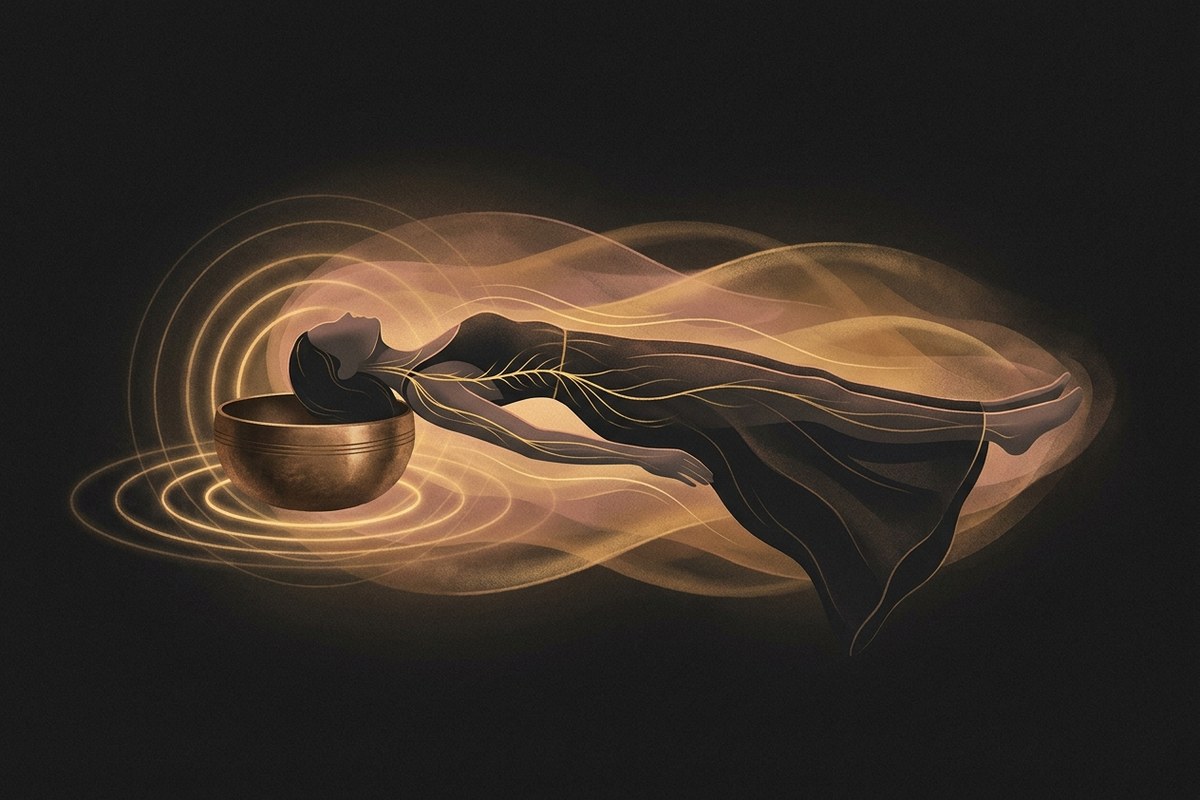 Sound frequency from a singing bowl moving through the body and energy field