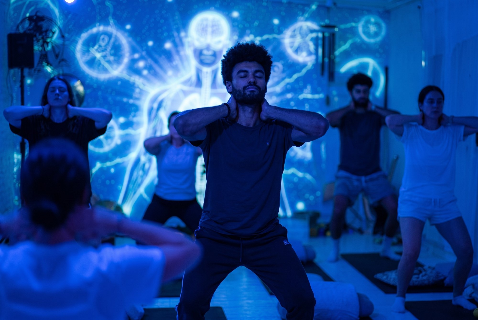 Fascia release class in the blue-lit studio