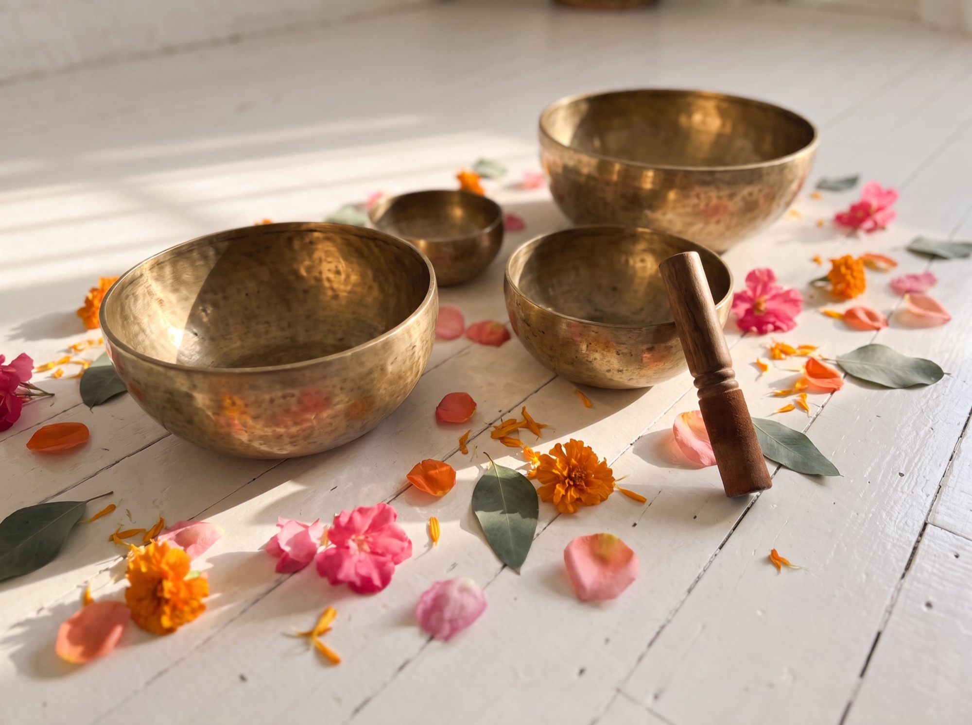 Tibetan singing bowls and scattered spring petals on the white floorboards at Sound of Soma