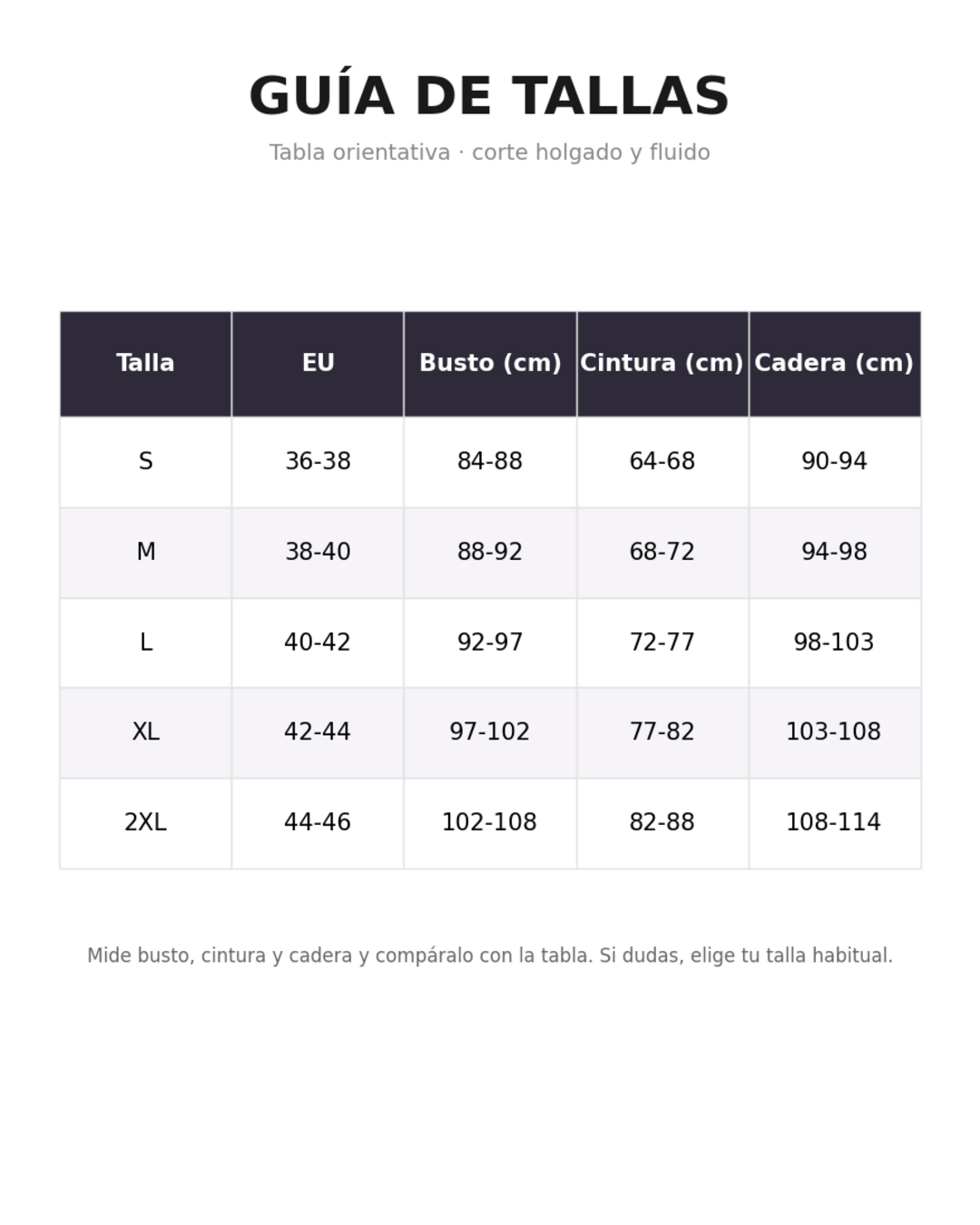 Guía de tallas vestido
