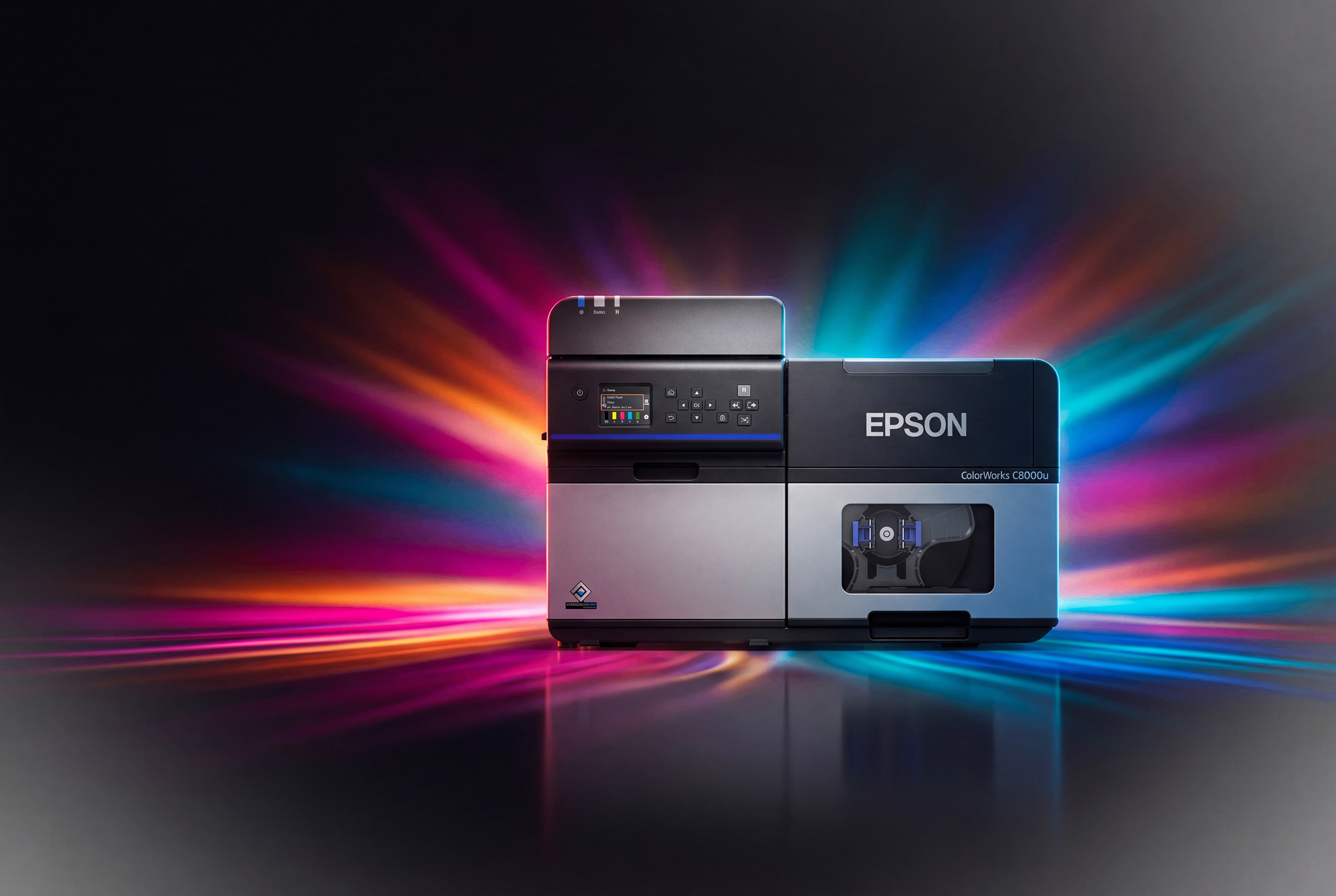 Epson ColorWorks C8000 printer with a vivid color burst radiating behind it
