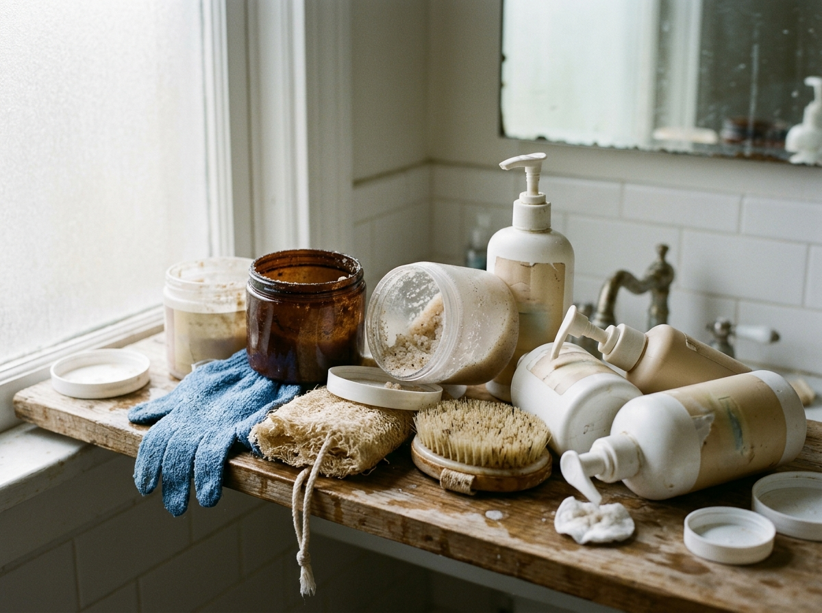 Shelf of used skincare products