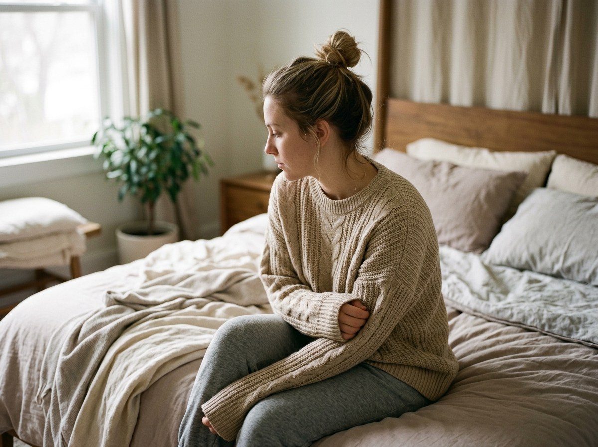 Woman sitting on her bed in the morning