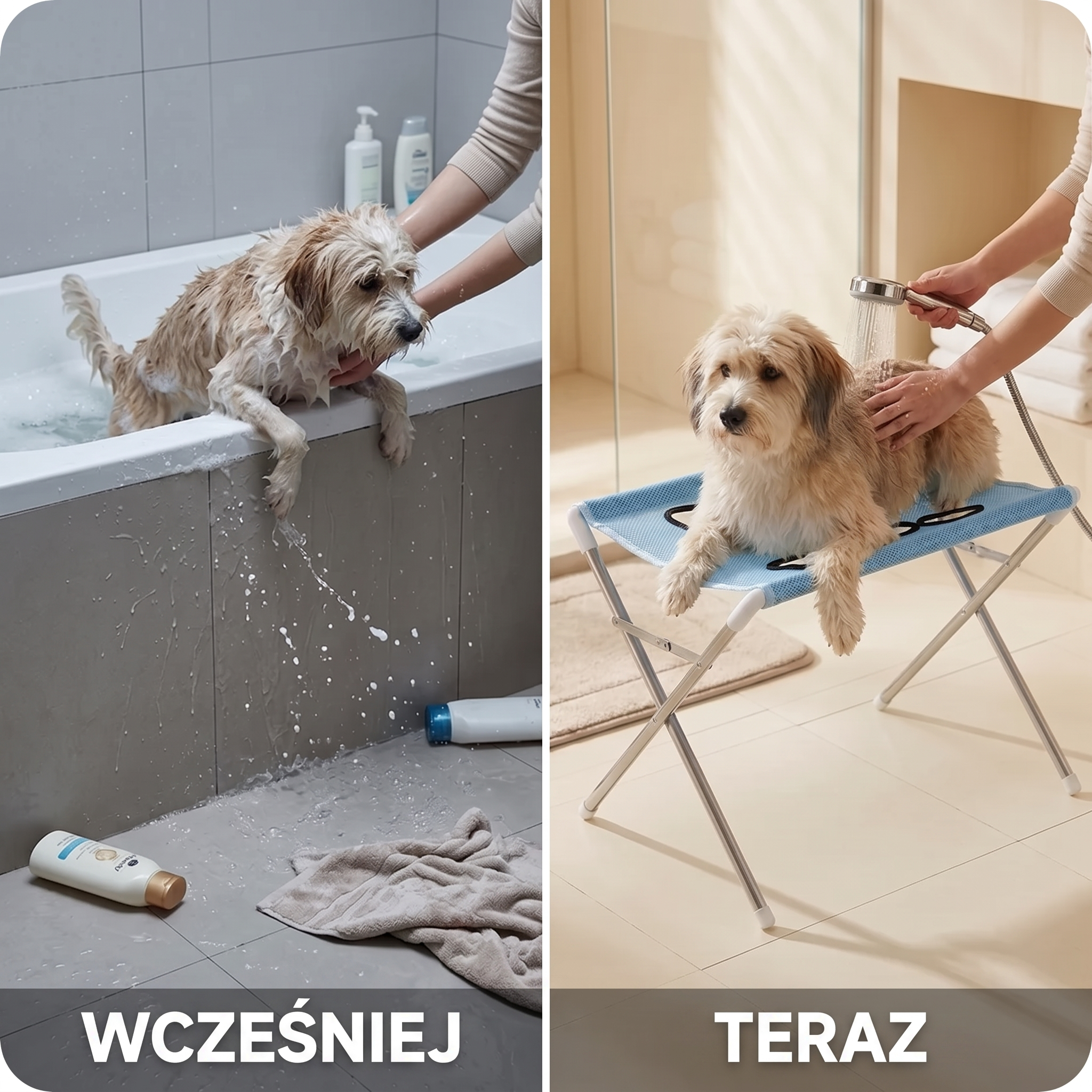 Ilustracja kąpieli psa w wannie i z użyciem stojaka