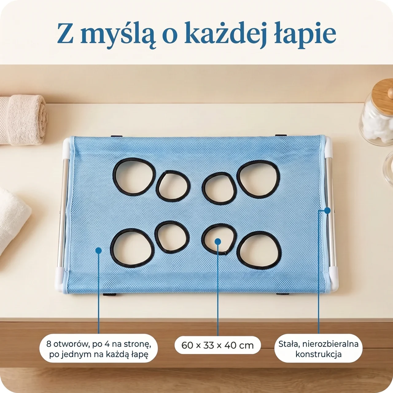 Stojak z ośmioma otworami i wymiarami 60 na 33 na 40 centymetrów