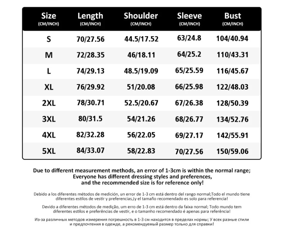 Jacket size chart S to 5XL