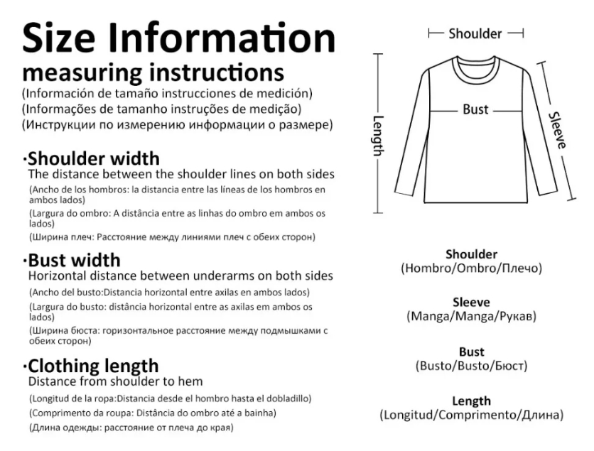 Jacket size information and measuring instructions