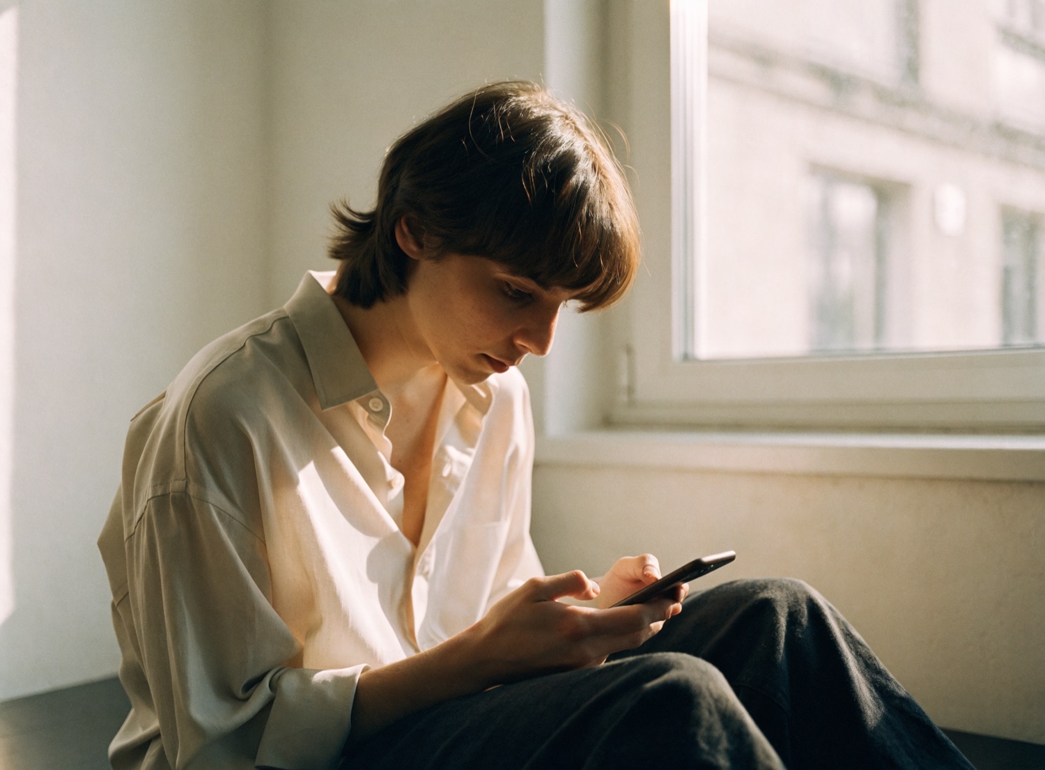 Junger Creator schaut nachdenklich auf sein Smartphone am Fenster.