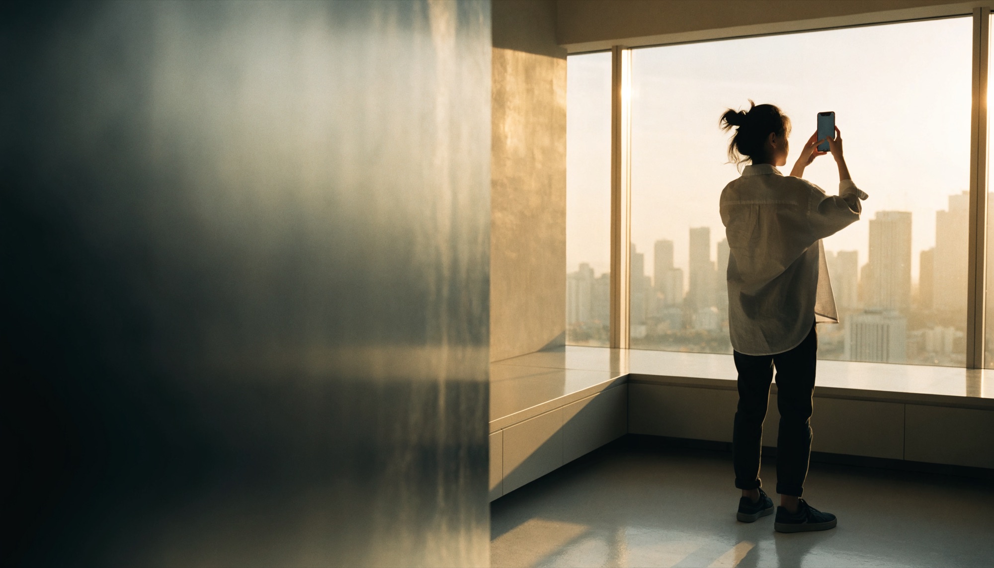 Creatorin fotografiert bei goldenem Licht die Skyline einer Stadt aus einem modernen Apartment.