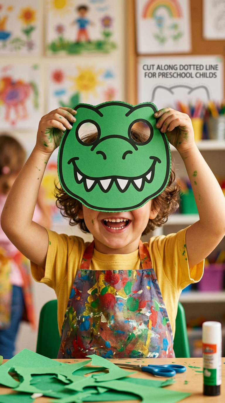 Boy holding T-Rex mask
