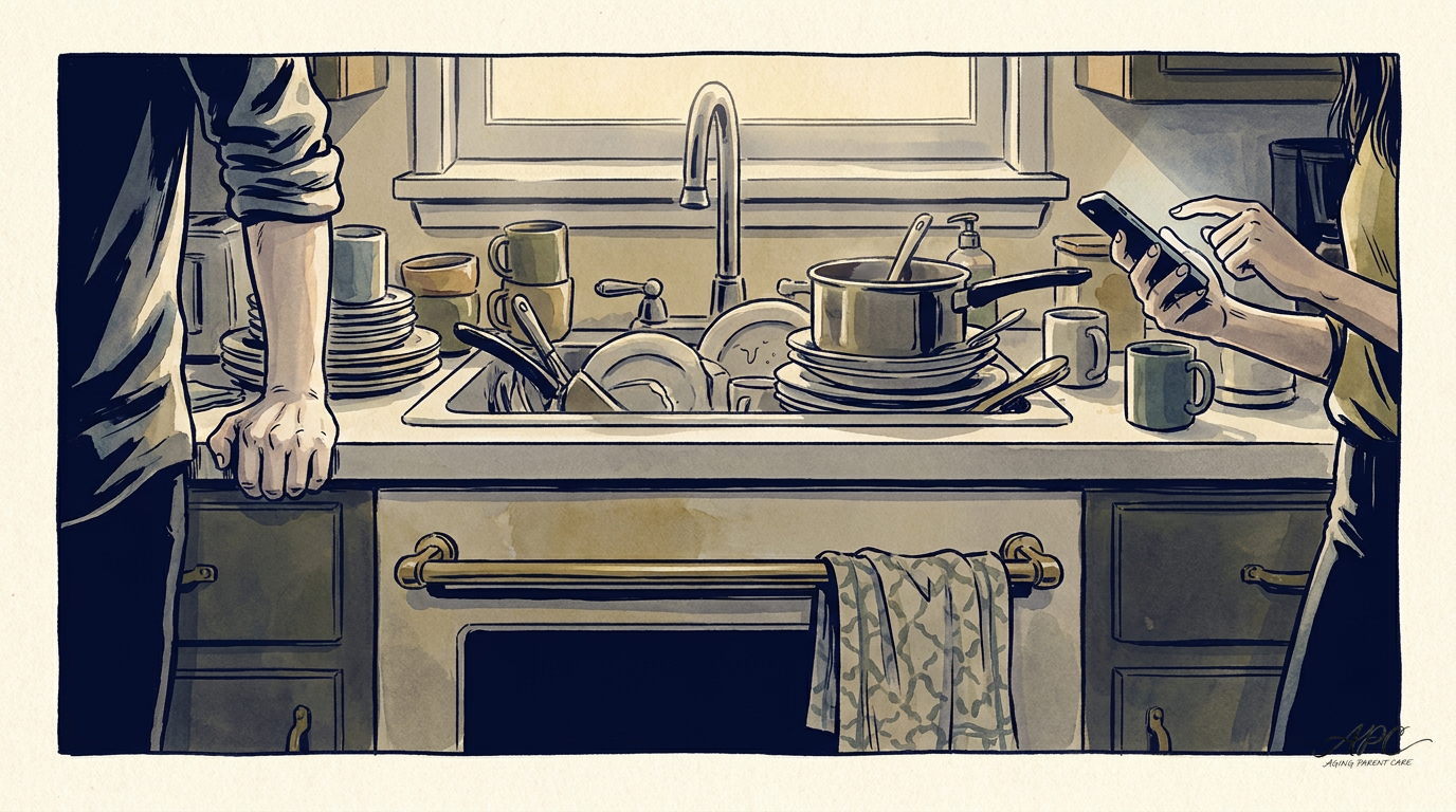 A kitchen sink full of unwashed dishes, two pairs of hands at the edges of the frame