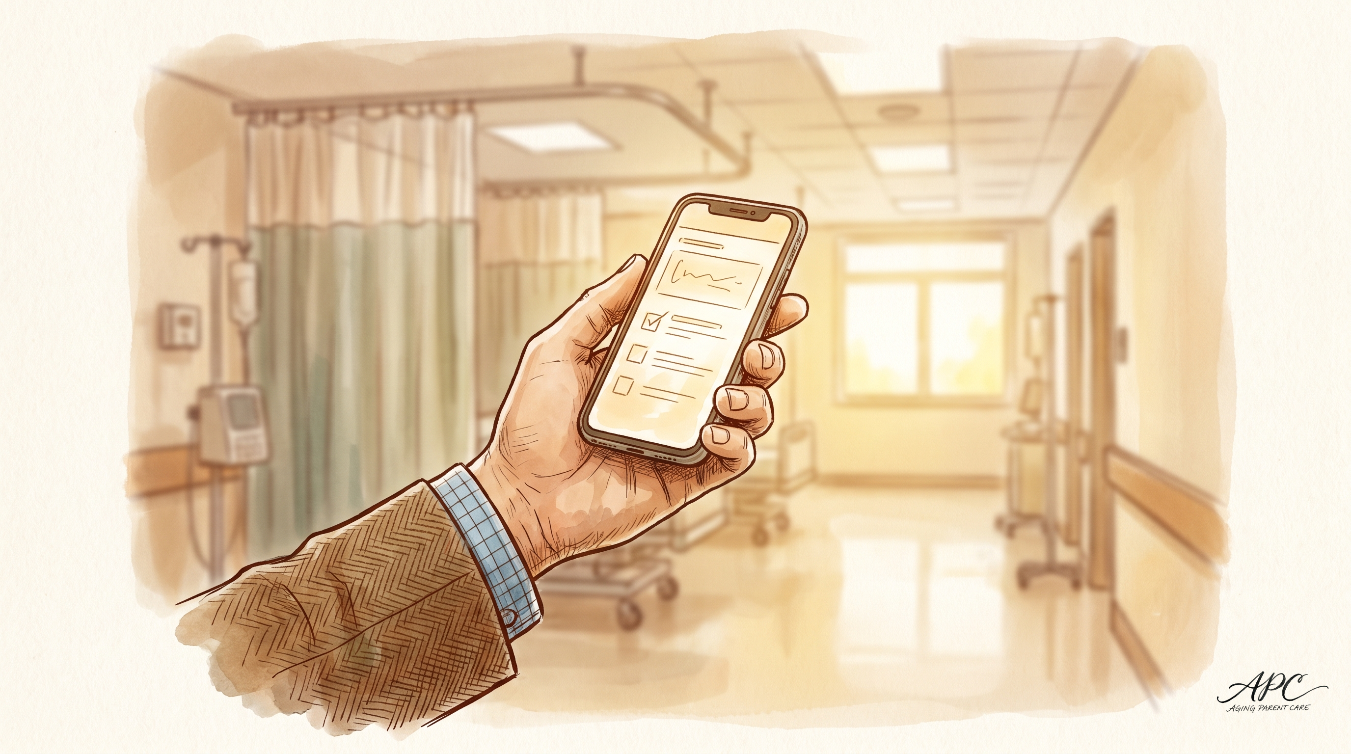 A man holds his phone showing a medication list in a hospital emergency room