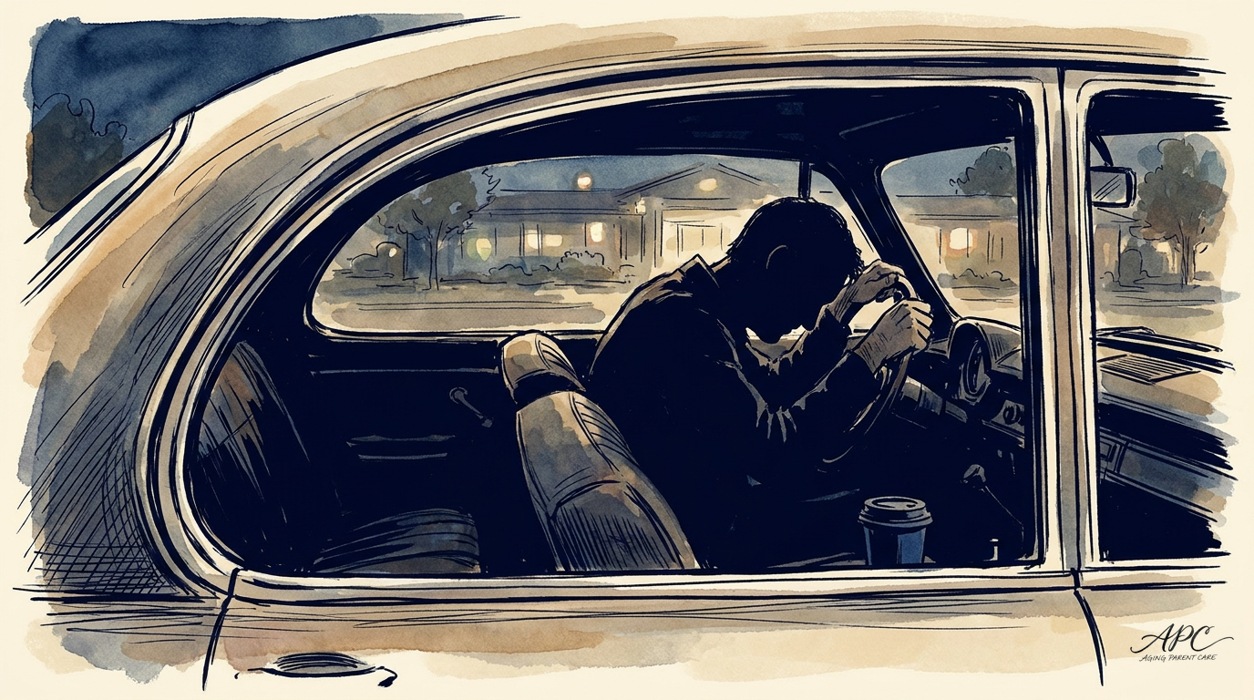 Woman resting her head on steering wheel in parked car