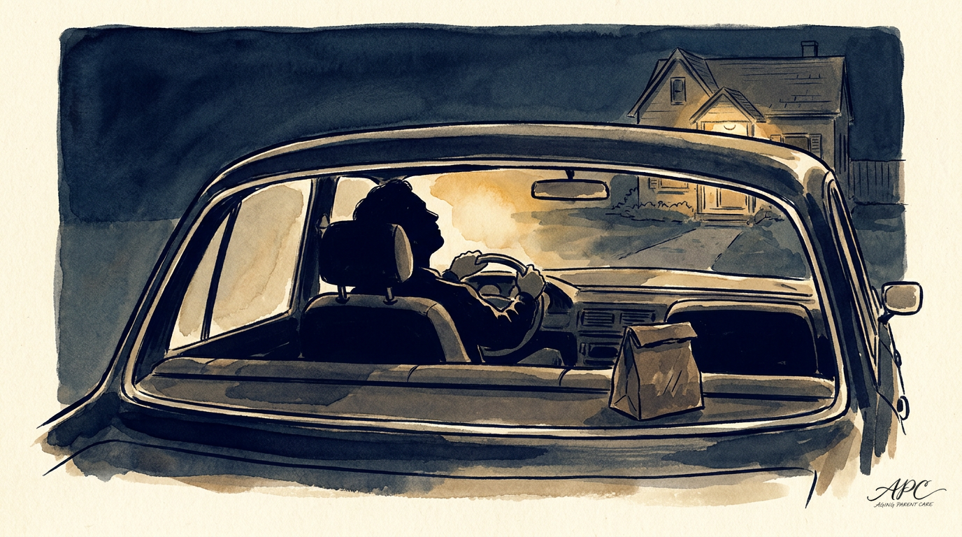 A woman sits in her parked car, head tilted back against the headrest, pausing between obligations
