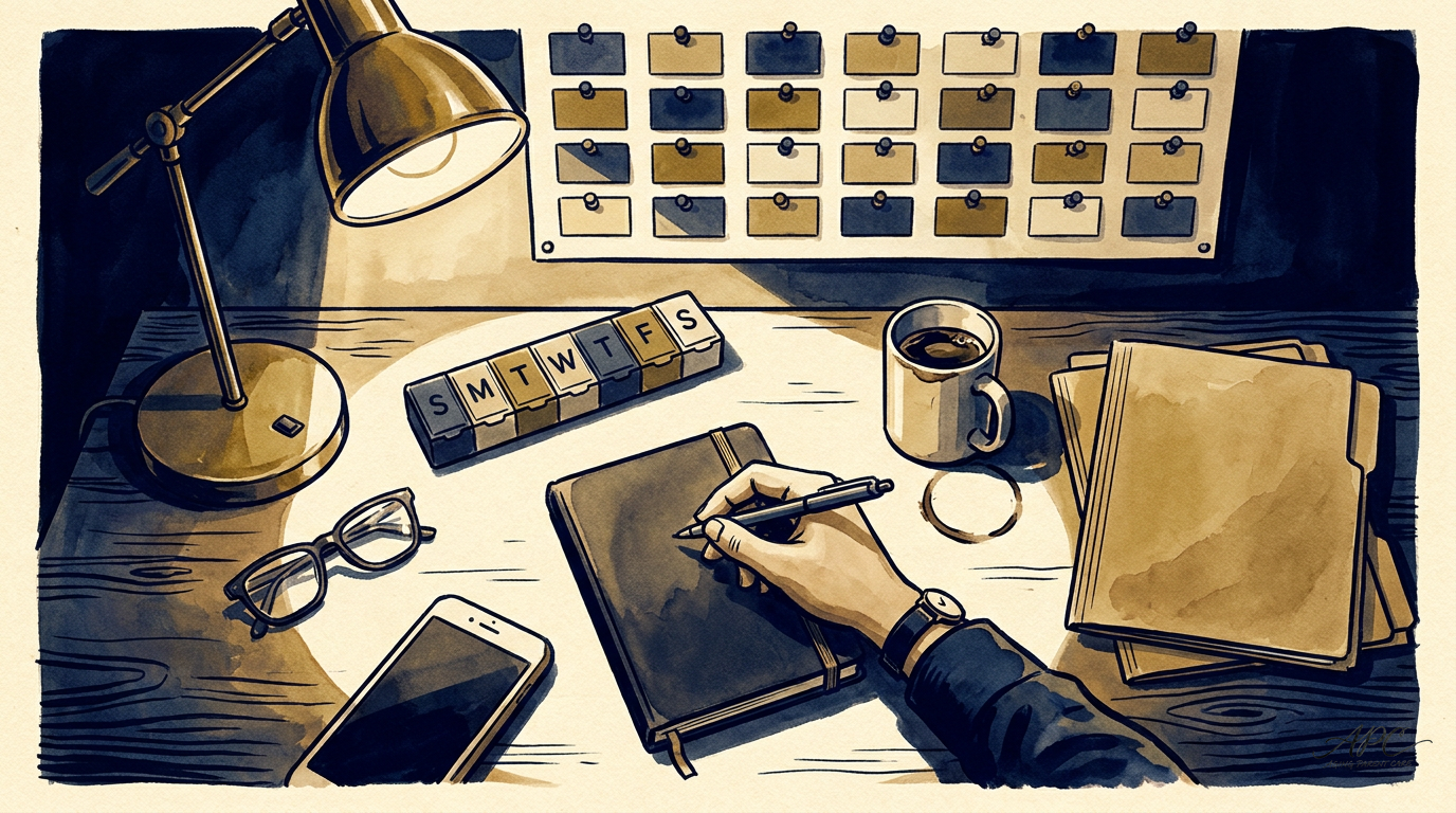 A woman writing observations in a notebook while visiting her elderly parent