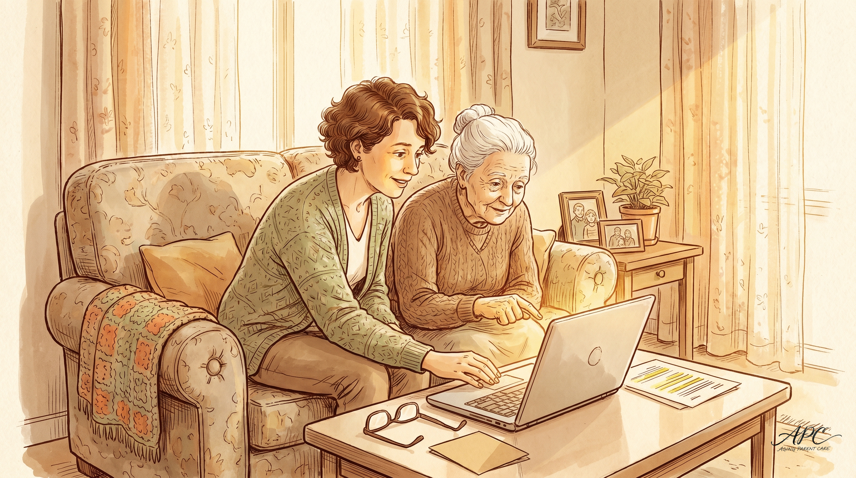 A daughter helping her elderly mother review Medicare benefits on a laptop