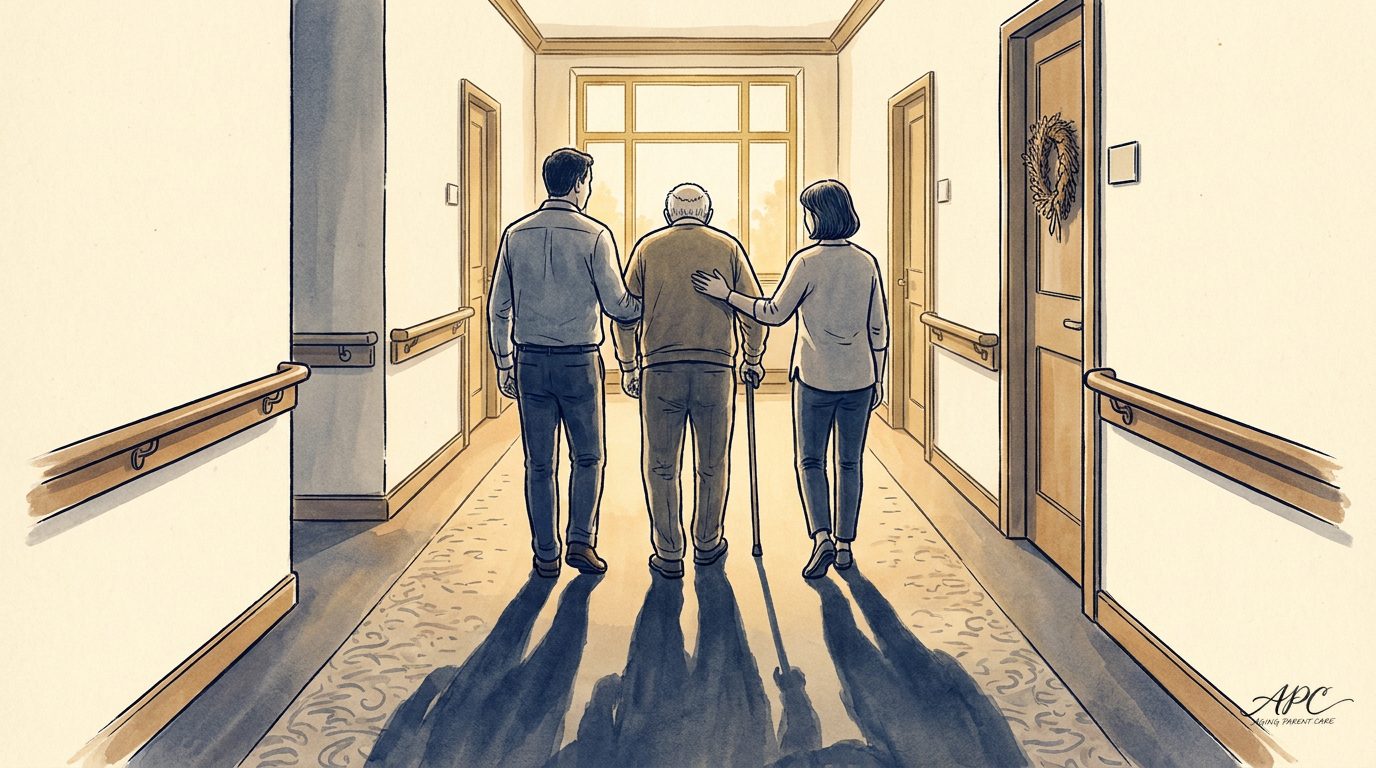 Father and son visiting assisted living facility