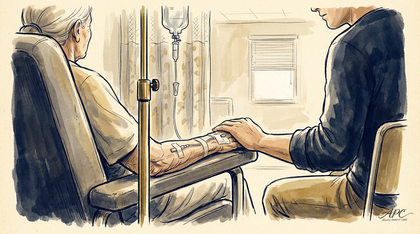 Patient receiving infusion treatment with caregiver
