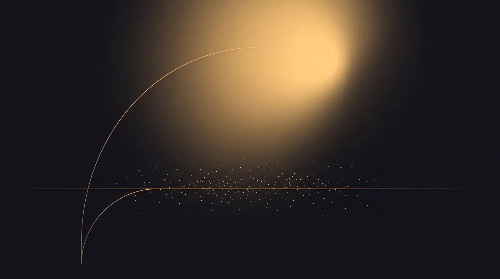 Abstract charcoal illustration with a warm amber glow: one thin line curving steeply upward toward the light while a second line flattens into a long horizontal path scattered with small amber dots.