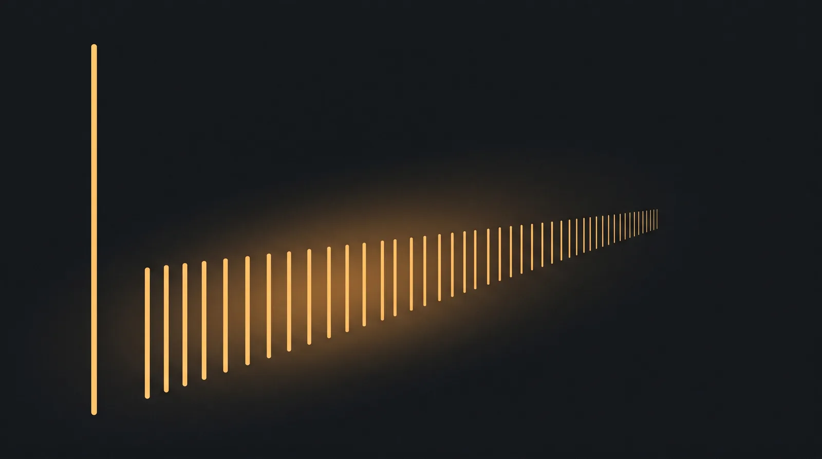 One tall amber vertical line beside a long receding row of short evenly spaced amber lines on a near-black background, suggesting a single upfront charge next to many small recurring ones.