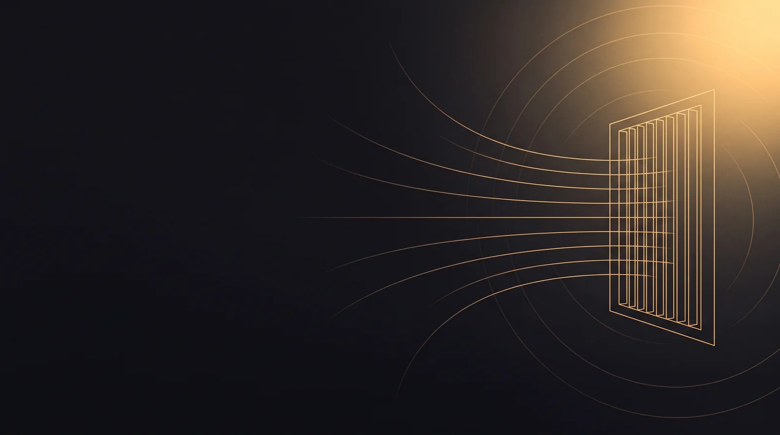 Abstract amber line drawing of slatted vent louvers with airflow streamlines curving away into a dark charcoal background