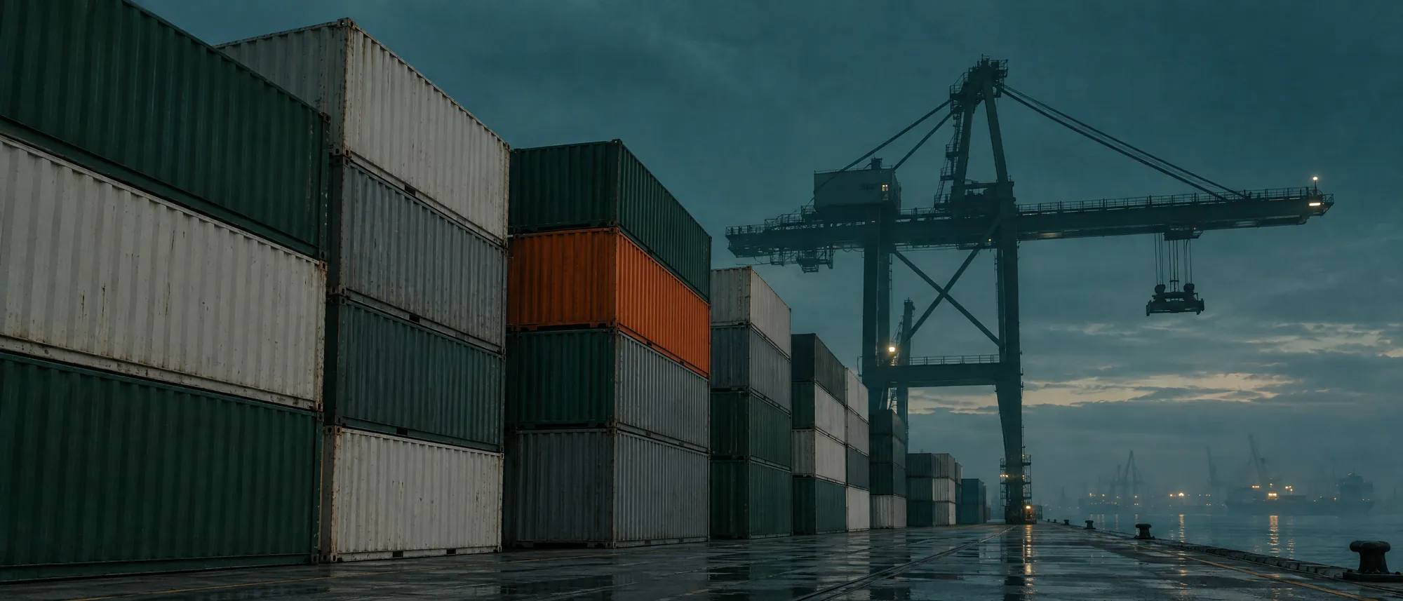 Stacked shipping containers at a port at dusk