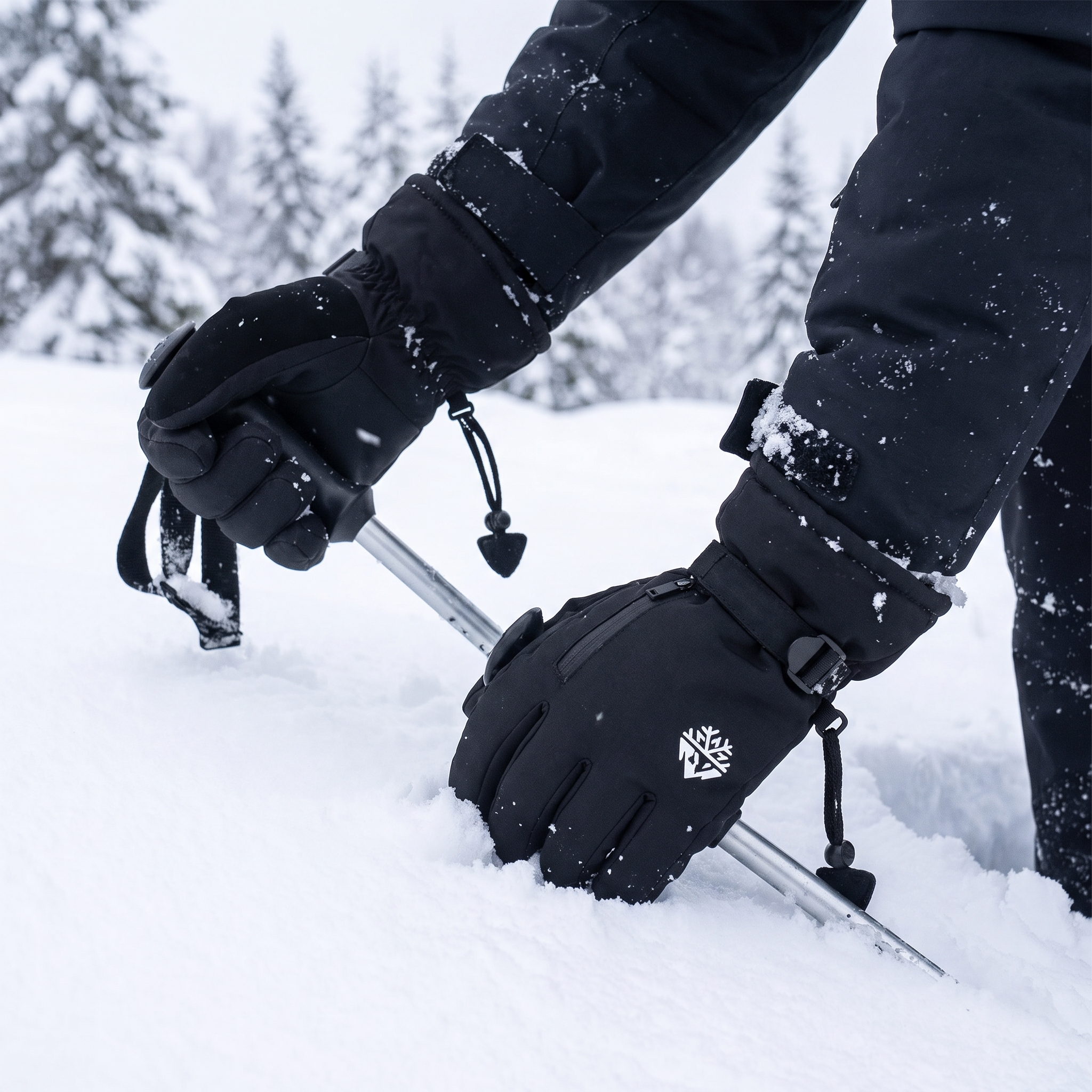 Skihandsker i brug på skipisten