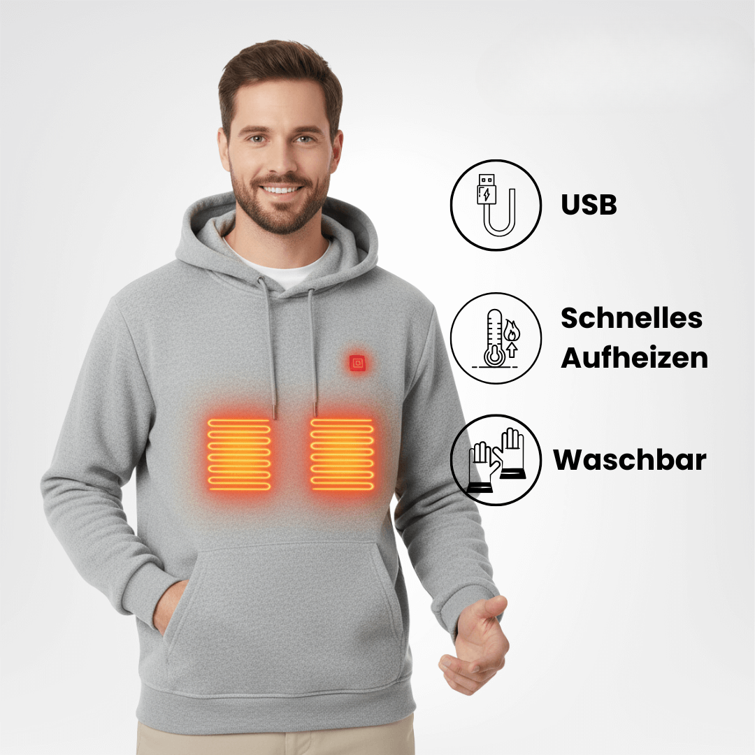Heated hoodie i brug en kold vinterdag udendørs