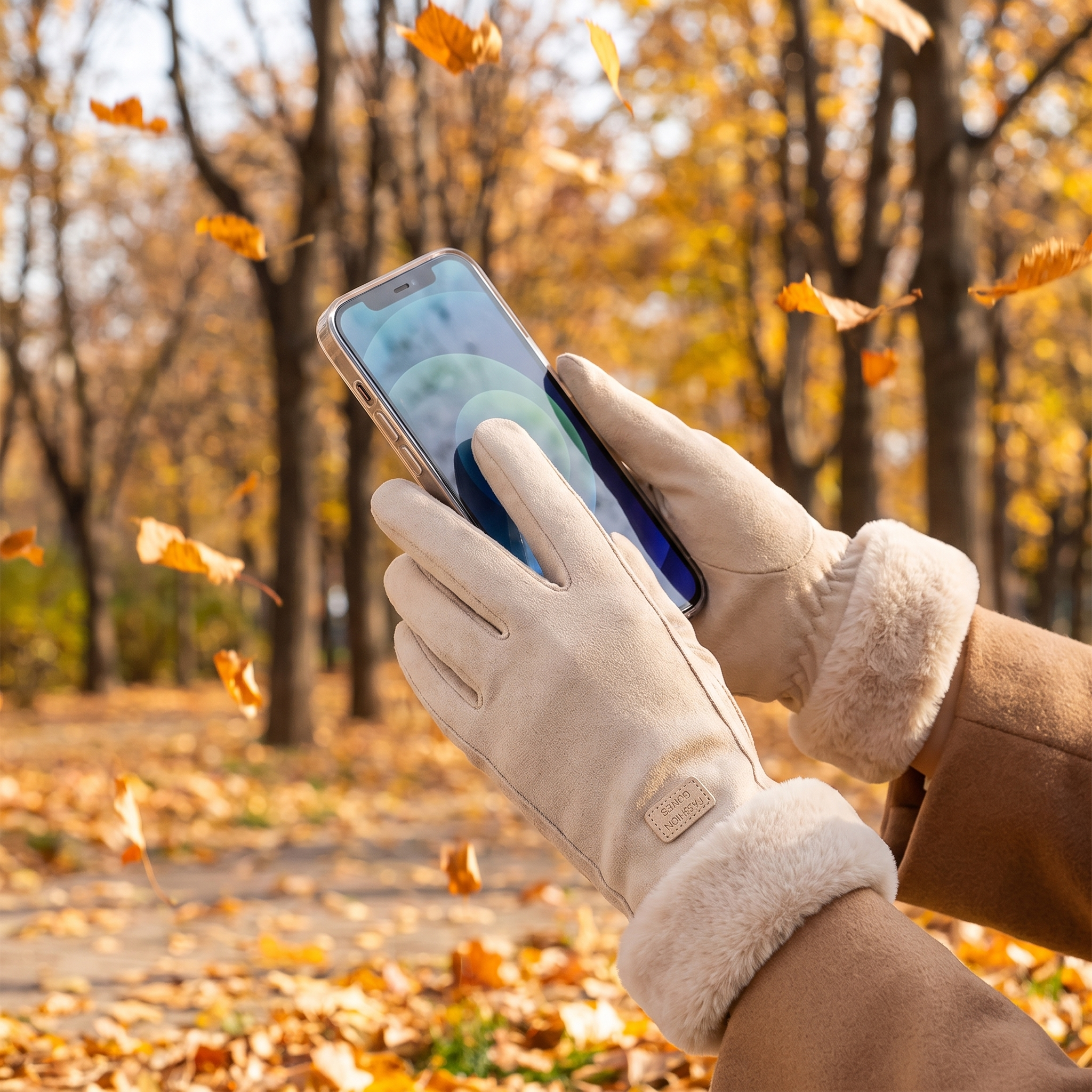 Dame i beige handsker der bruger mobilen udenfor