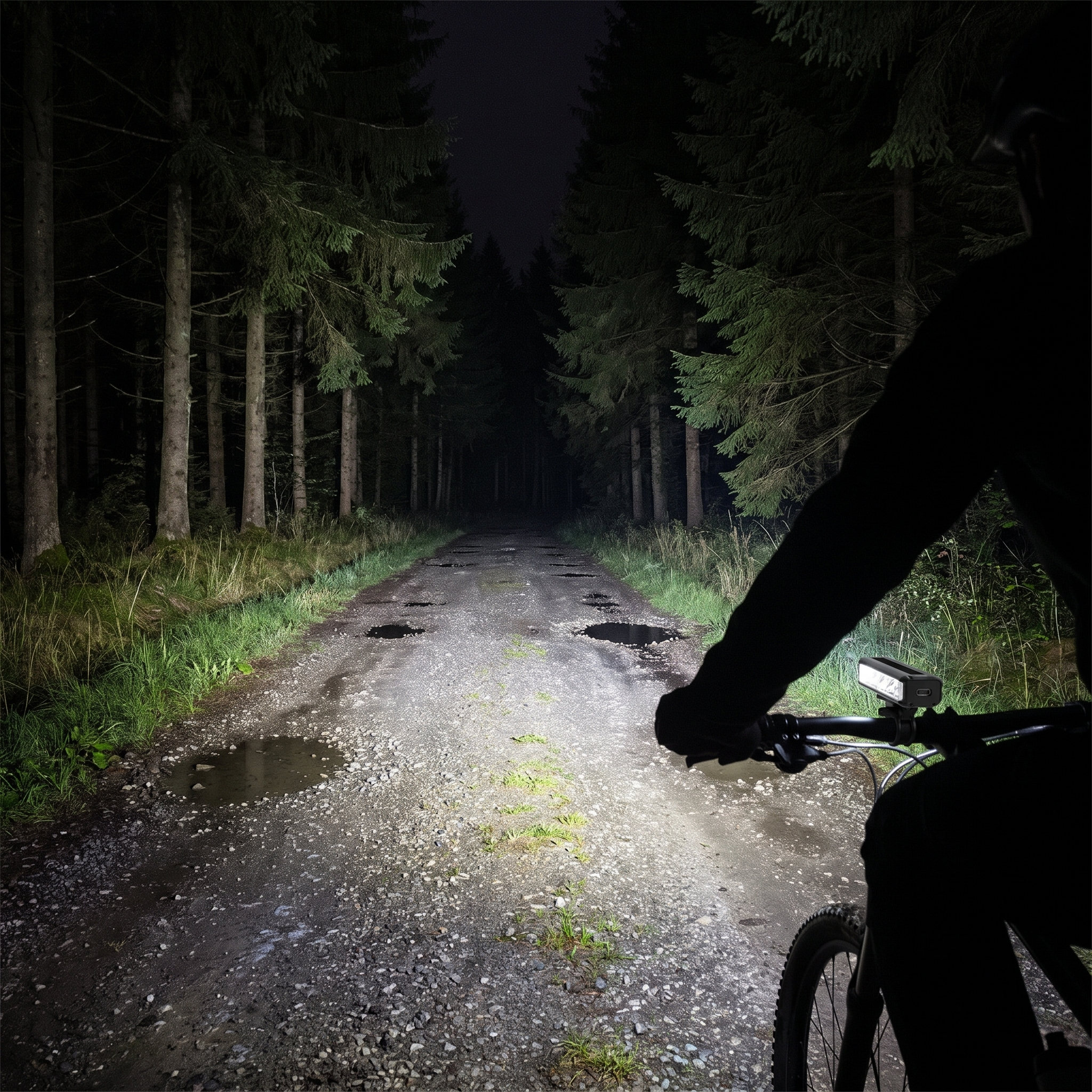 Cykellygte monteret på cykelstyr om aftenen