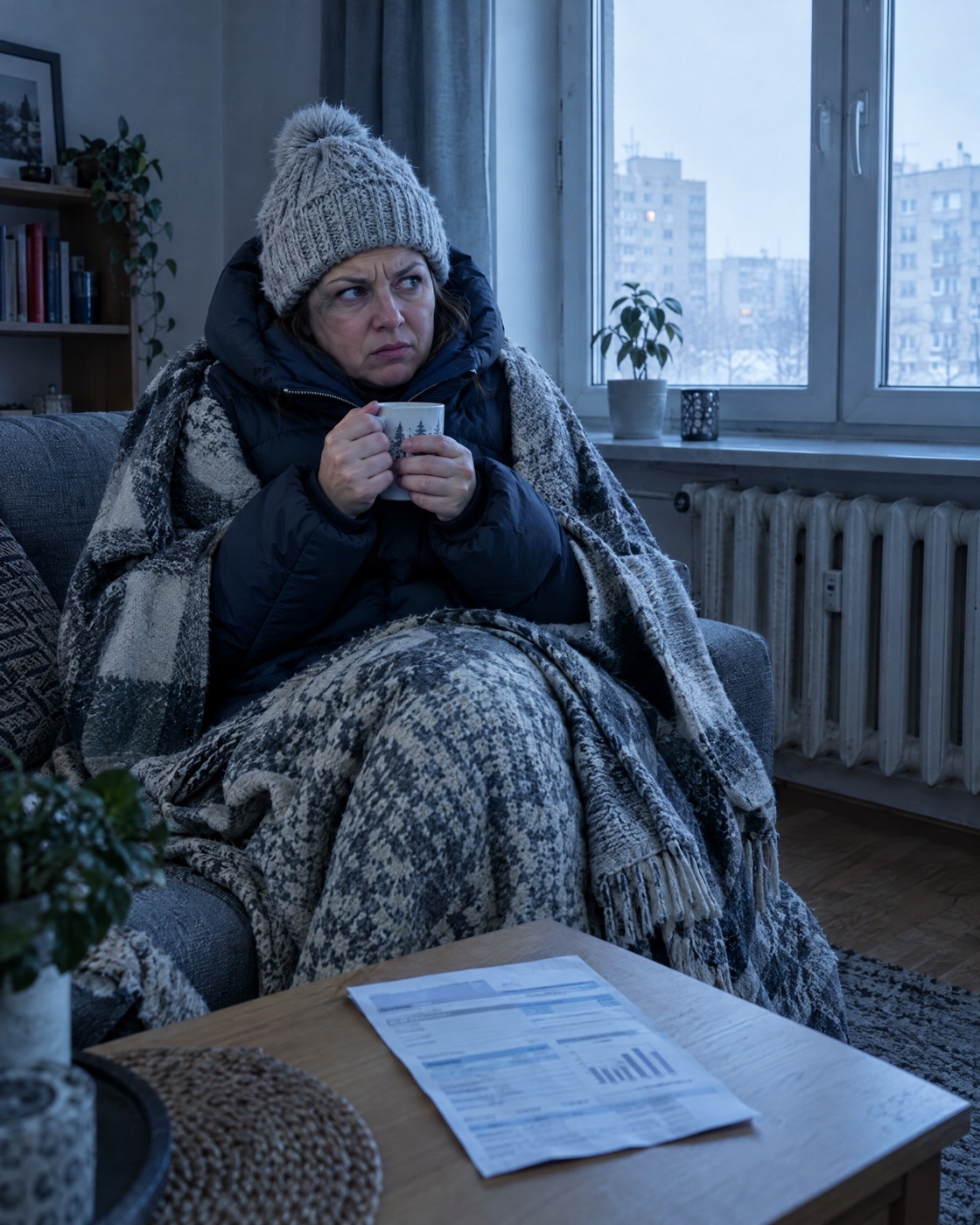 Kobieta owinięta kocami w chłodnym mieszkaniu