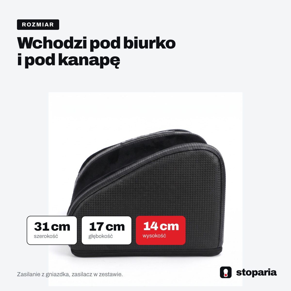 Wymiary masażera Stoparia: 31 × 17 × 14 cm
