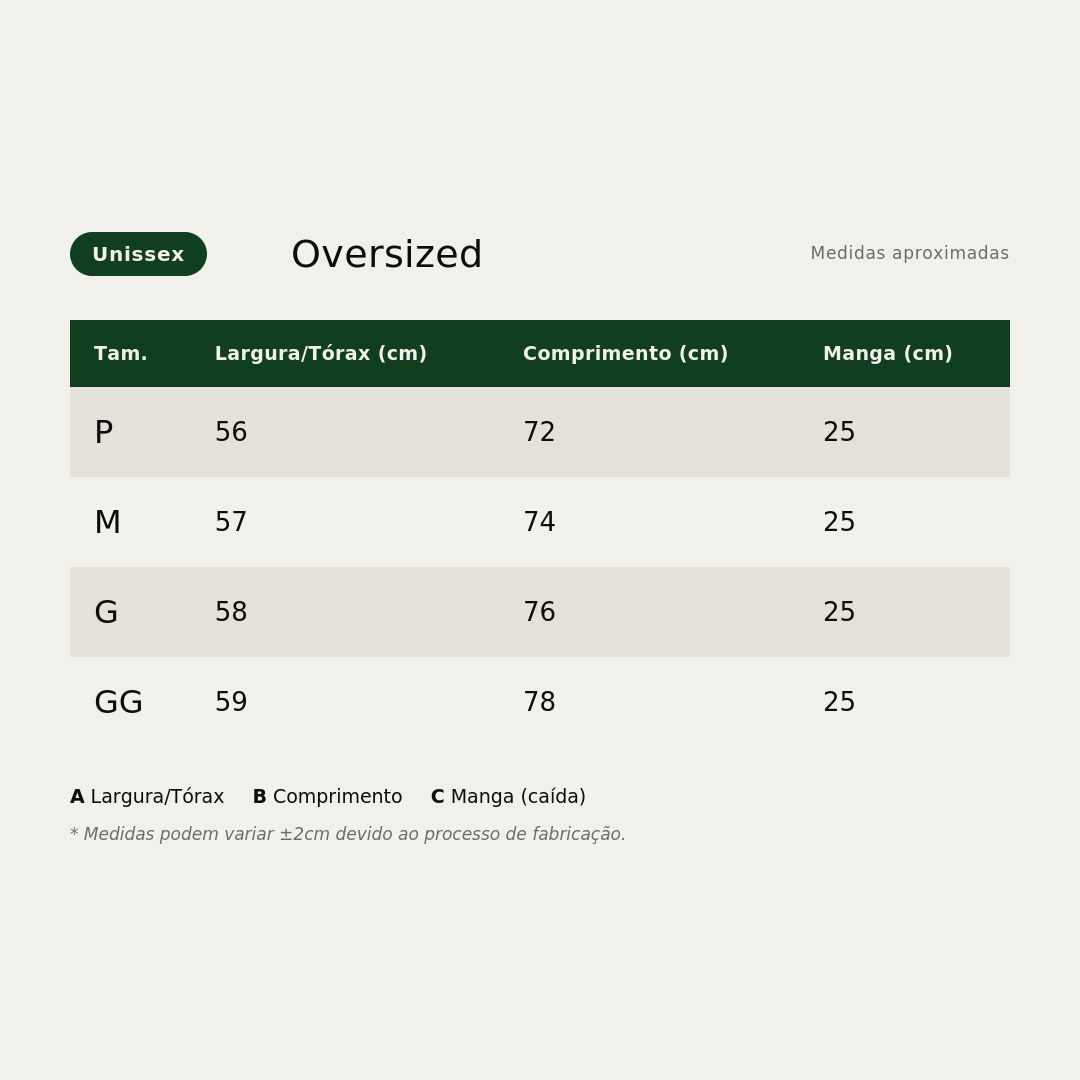 Tabela de medidas Oversized Gabz