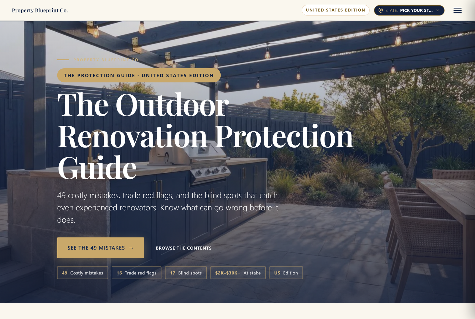 Module 2 — The Outdoor Renovation Protection Guide US: 49 costly mistakes, 16 trade red flags, 17 blind spots, $3K–$30K+ at stake
