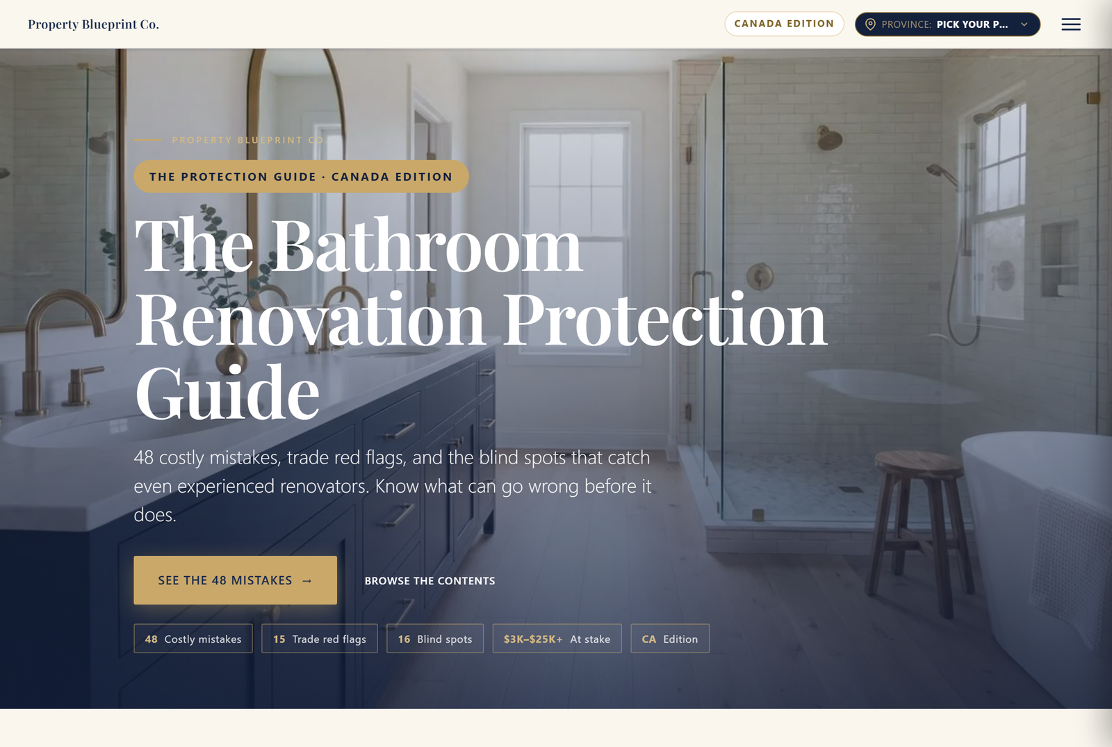 Module 2 — The Bathroom Renovation Protection Guide CA: 48 costly mistakes, 15 trade red flags, 16 blind spots, $3K–$25K+ at stake