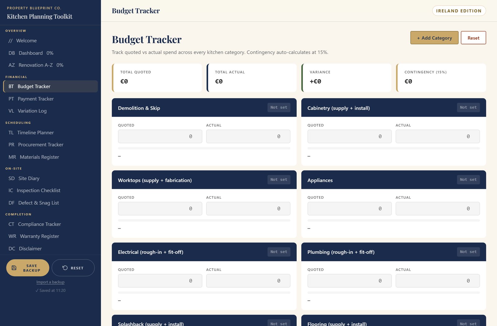 Module 3 — The Kitchen Planning Toolkit Ireland: 12 interactive tools to plan, track and manage your kitchen renovation, with the Budget Tracker, Payment Tracker and Variation Log