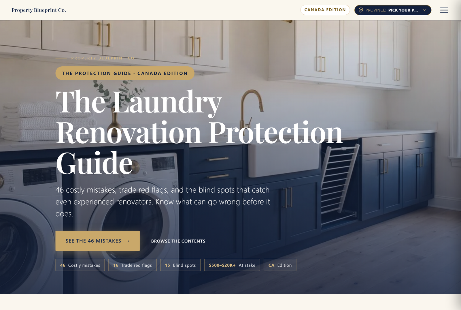 Module 2 — The Laundry Renovation Protection Guide CA: 46 costly mistakes, 16 trade red flags, 15 blind spots, $500–$20K+ at stake