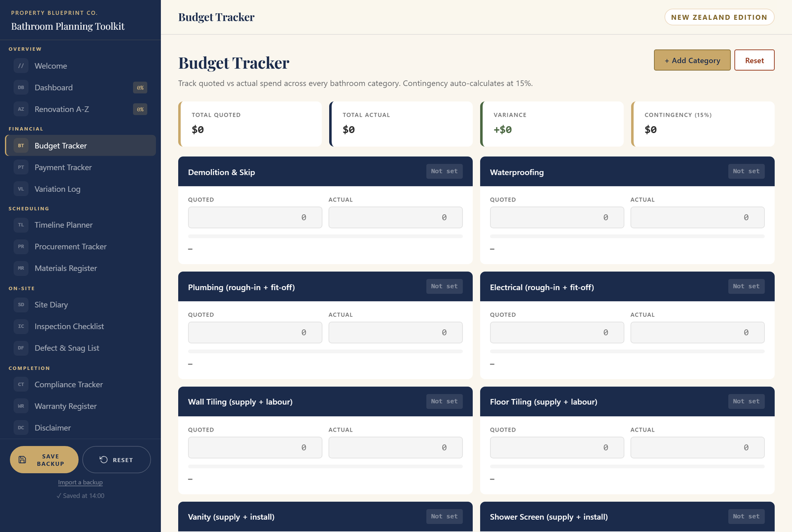Module 3 — The Bathroom Planning Toolkit NZ: the live Budget Tracker showing Total Quoted, Total Actual, Variance and 15% Contingency across NZ bathroom categories