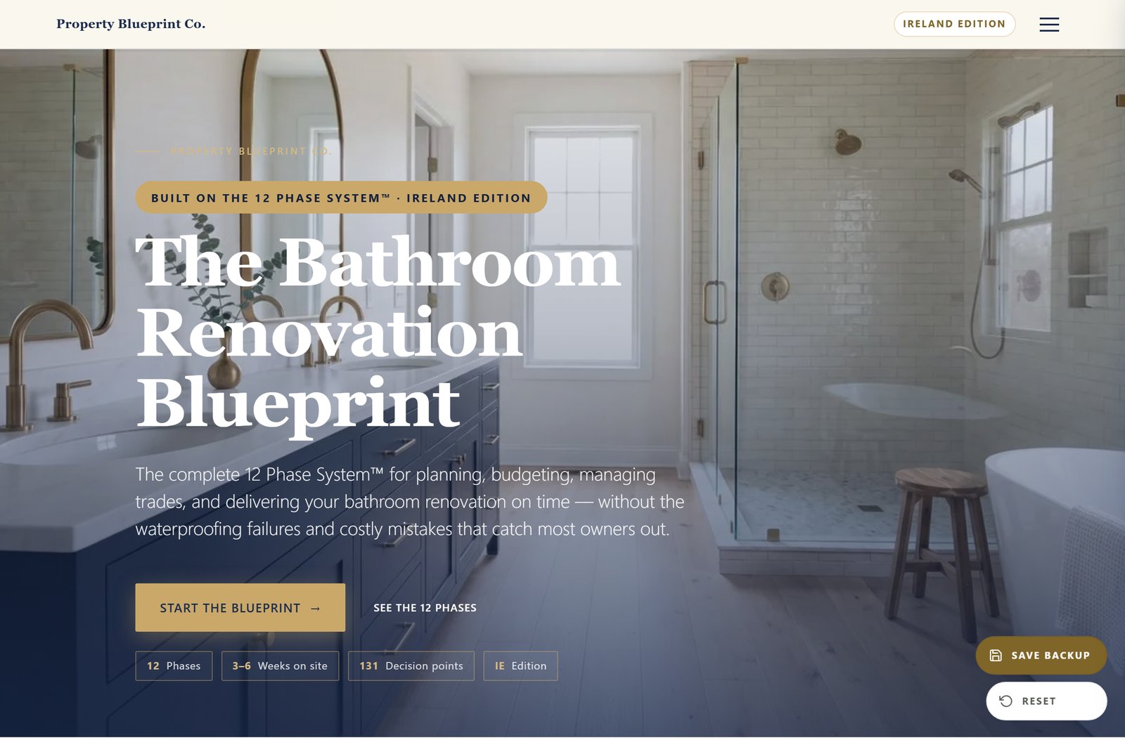 Module 1 — The Bathroom Renovation Blueprint IE: the 12 Phase System hero with 12 phases, 3–6 weeks on site and 131 decision points