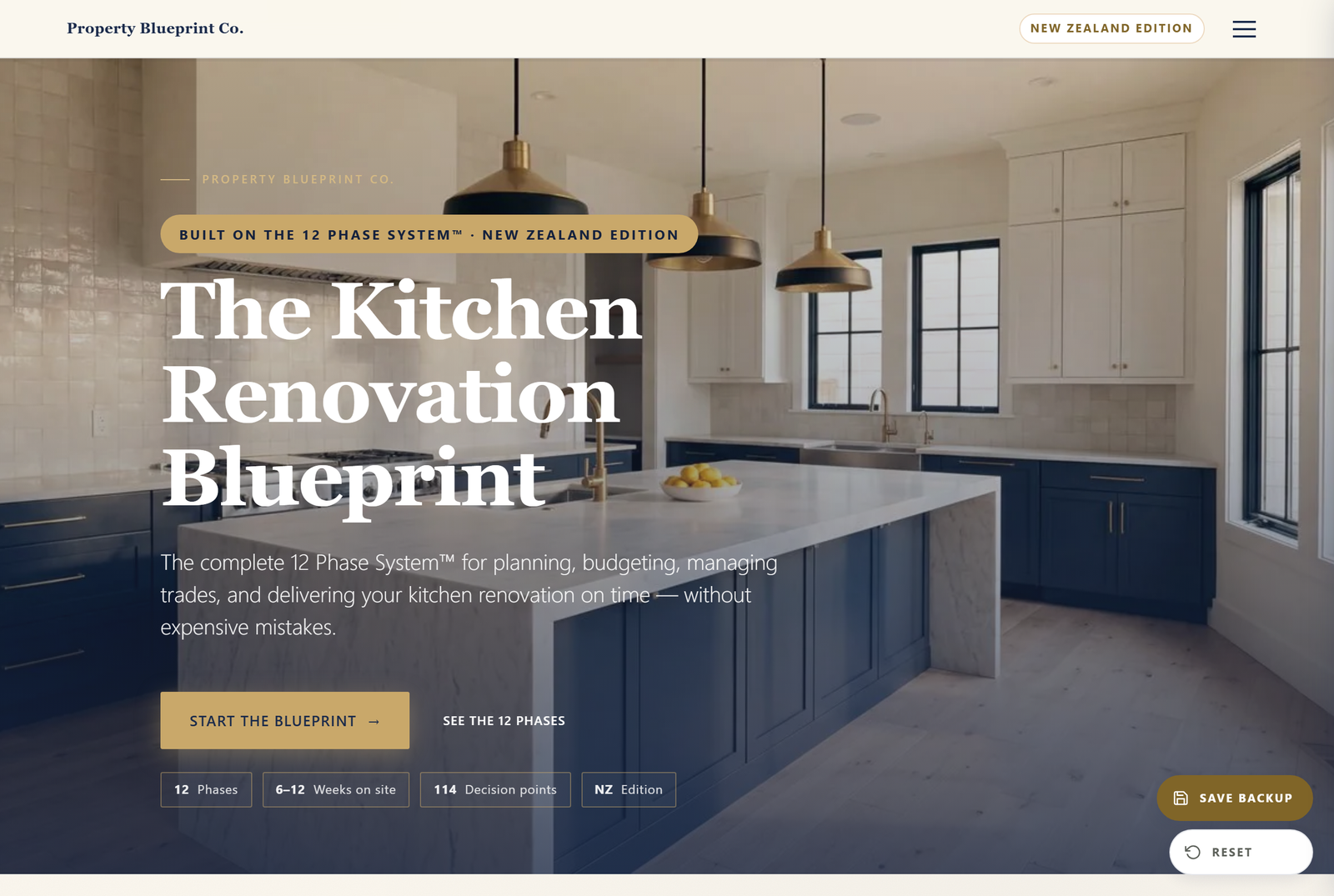 Module 1 — The Kitchen Renovation Blueprint NZ: the 12 Phase System hero with 12 phases, 6–12 weeks on site and 114 decision points