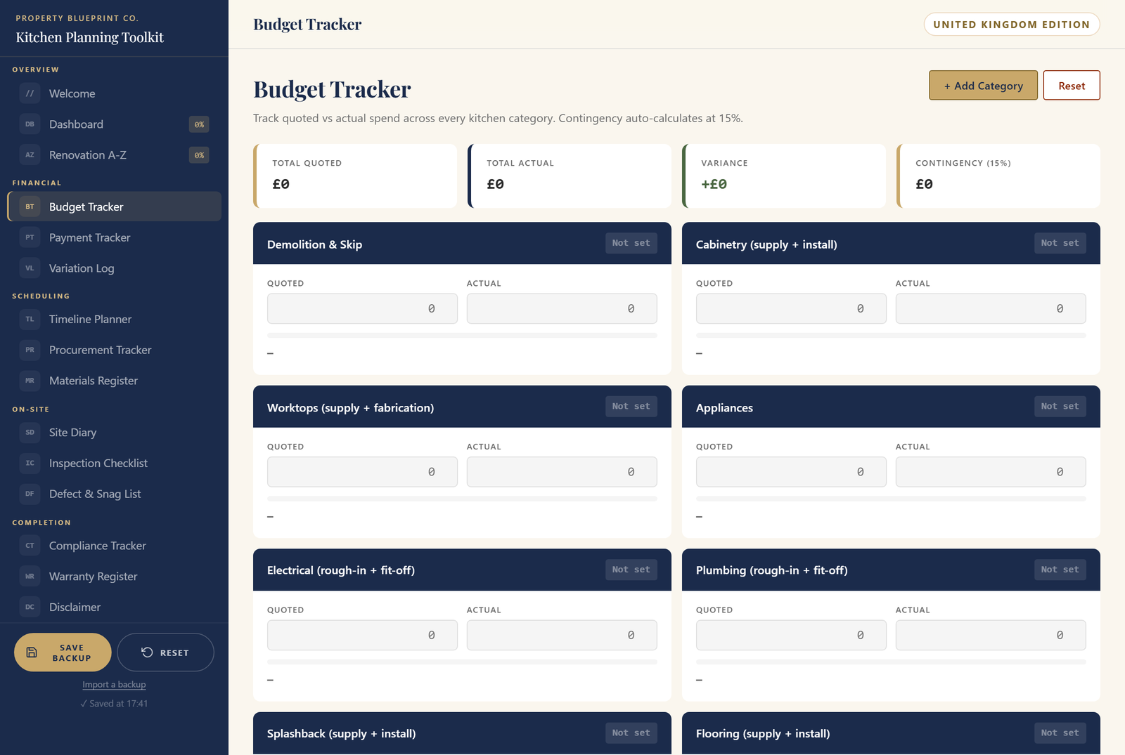 Module 3 — The Kitchen Planning Toolkit UK: the live Budget Tracker showing Total Quoted, Total Actual, Variance and 15% Contingency across UK kitchen categories