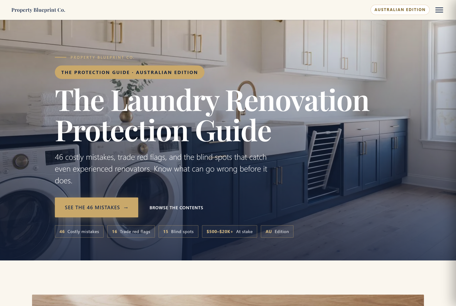 Module 2 — The Laundry Renovation Protection Guide AU: 46 costly mistakes, 16 trade red flags, 15 blind spots, $500–$25K+ at stake