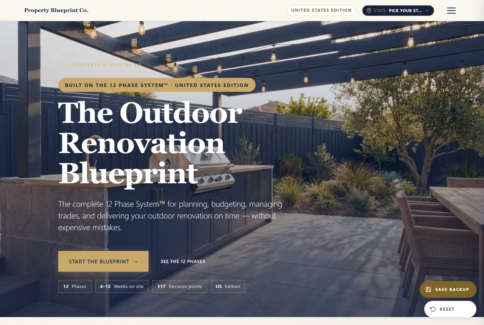 Module 1 — The Outdoor Renovation Blueprint US: the 12 Phase System hero with 12 phases, 6–12 weeks on site and 117 decision points