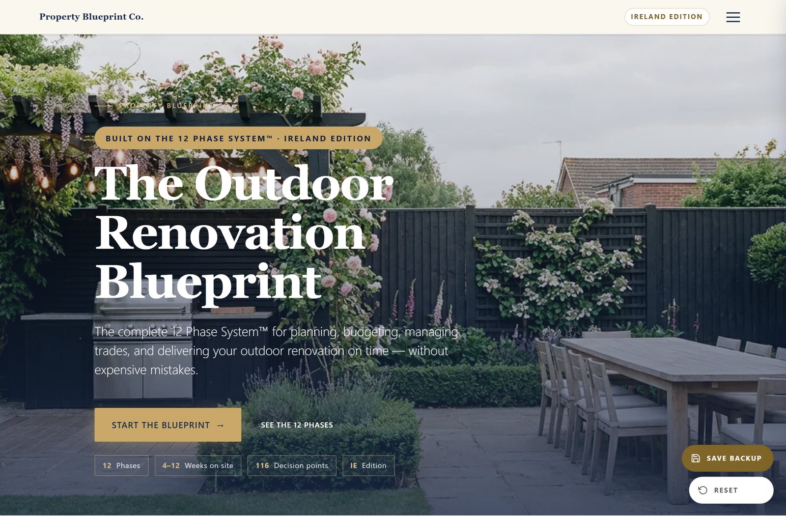 Module 1 — The Outdoor Renovation Blueprint IE: the 12 Phase System hero with 12 phases, 6–12 weeks on site and 117 decision points