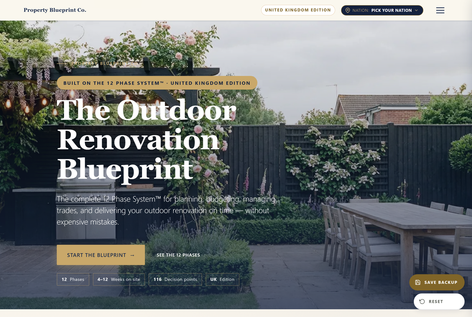 Module 1 — The Outdoor Renovation Blueprint UK: the 12 Phase System hero with 12 phases, 6–12 weeks on site and 117 decision points
