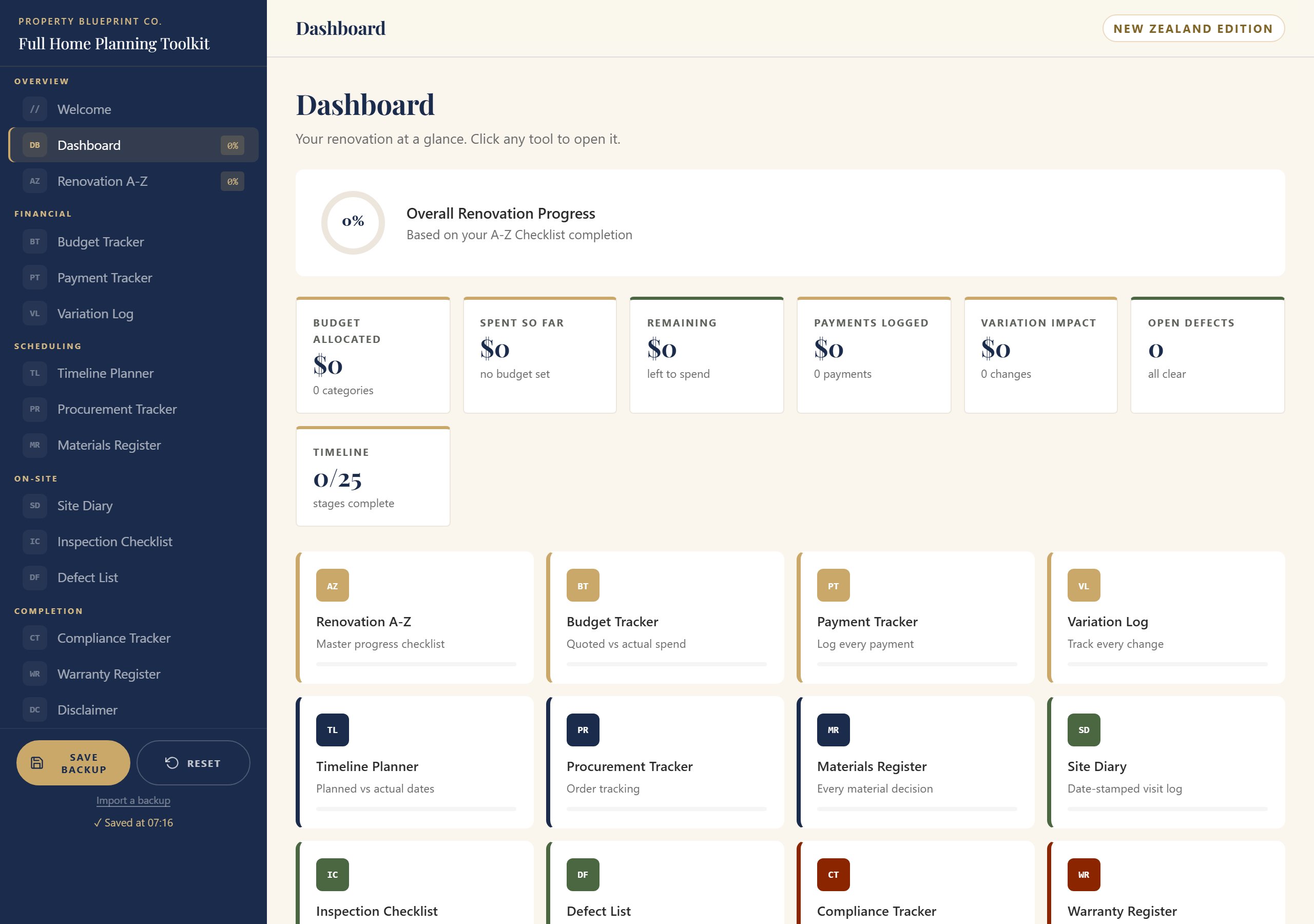 The Full Home Planning Toolkit dashboard — 12 interactive tools tracking budget, payments, variations, timeline and compliance for a whole-home renovation