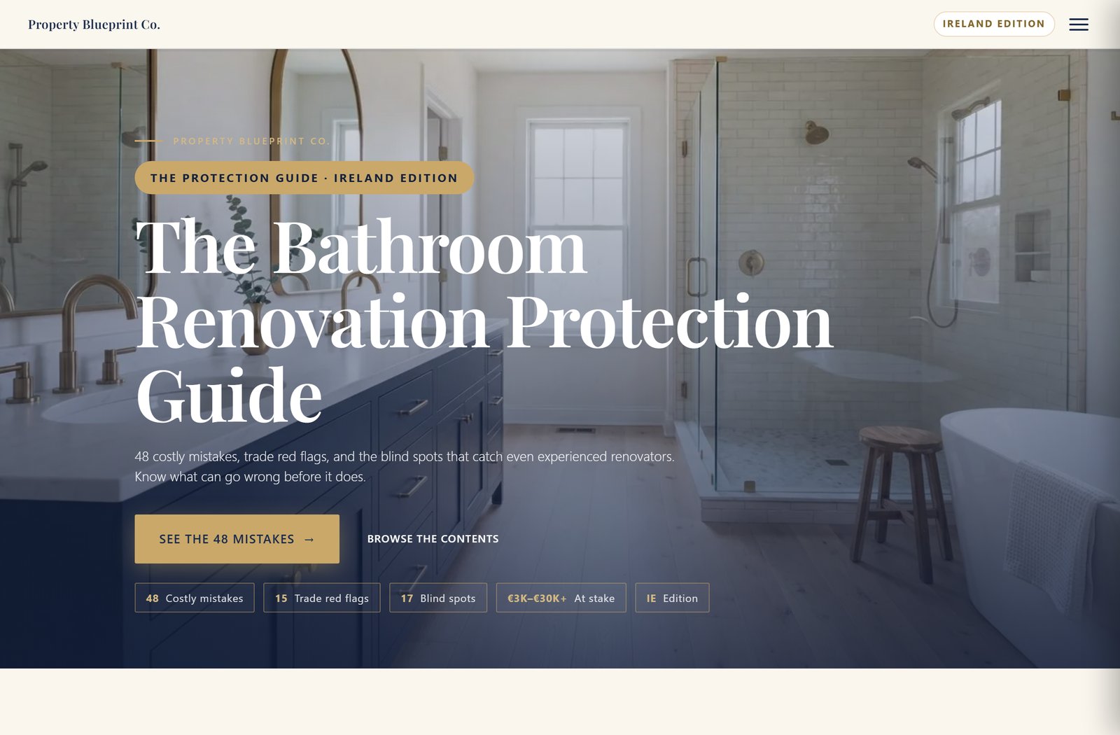 Module 2 — The Bathroom Renovation Protection Guide IE: 48 costly mistakes, 15 trade red flags, 16 blind spots, €2.5K–€25K+ at stake