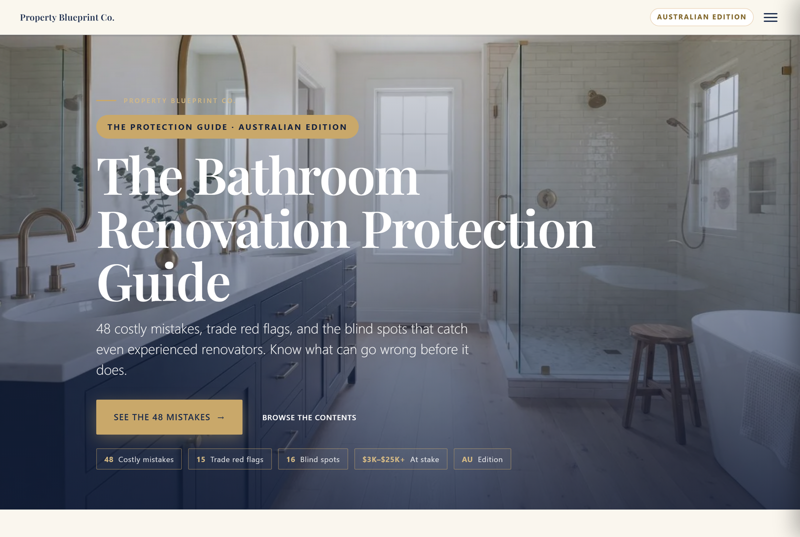 Module 2 — The Bathroom Renovation Protection Guide AU: 48 costly mistakes, 15 trade red flags, 16 blind spots, $3K–$30K+ at stake